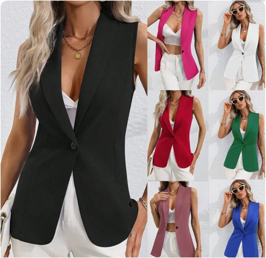 2025 New Women's Jacket Cardigan Casual Sleeveless Suit Collar Top Office Professional Single Button Black Jacket for Women