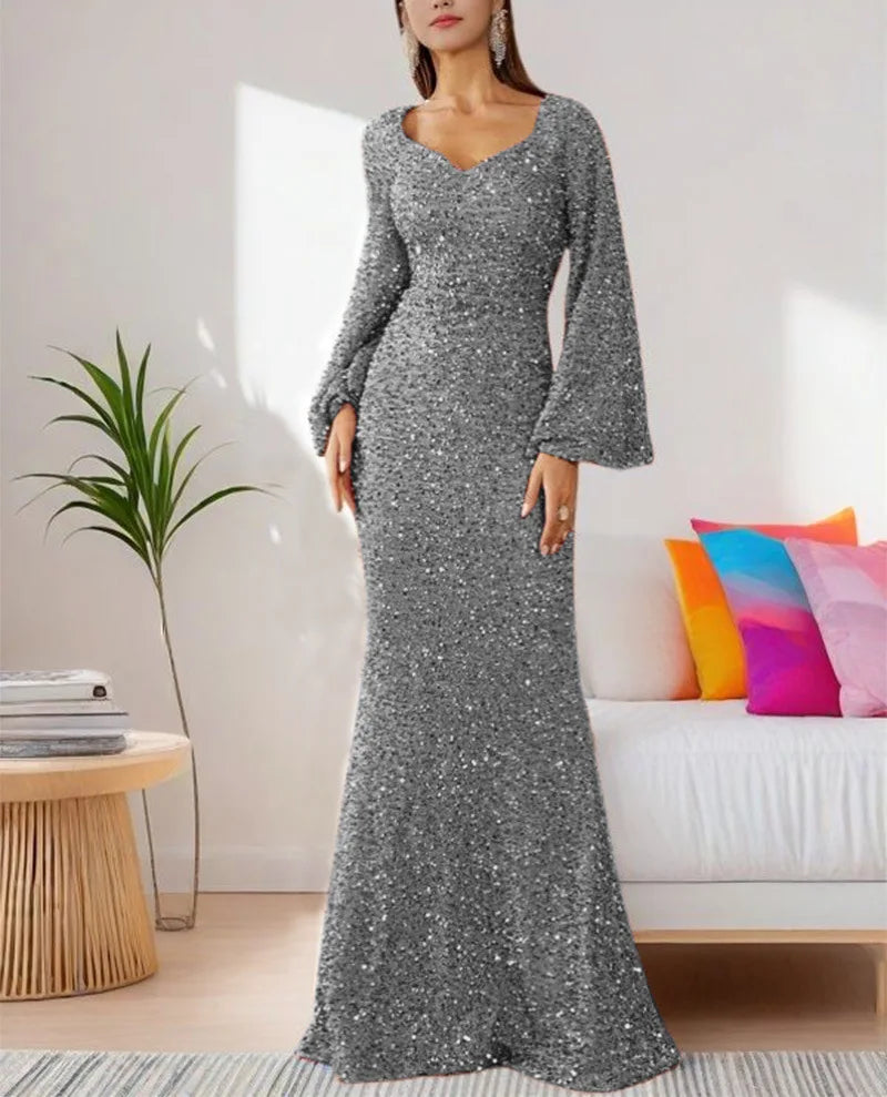 Elegant Sequins Prom Dress Women Fashion V-neck Wrapped Hip Flare Sleeve Long Evening Dress Chic Solid Party Gown Maxi Dresses