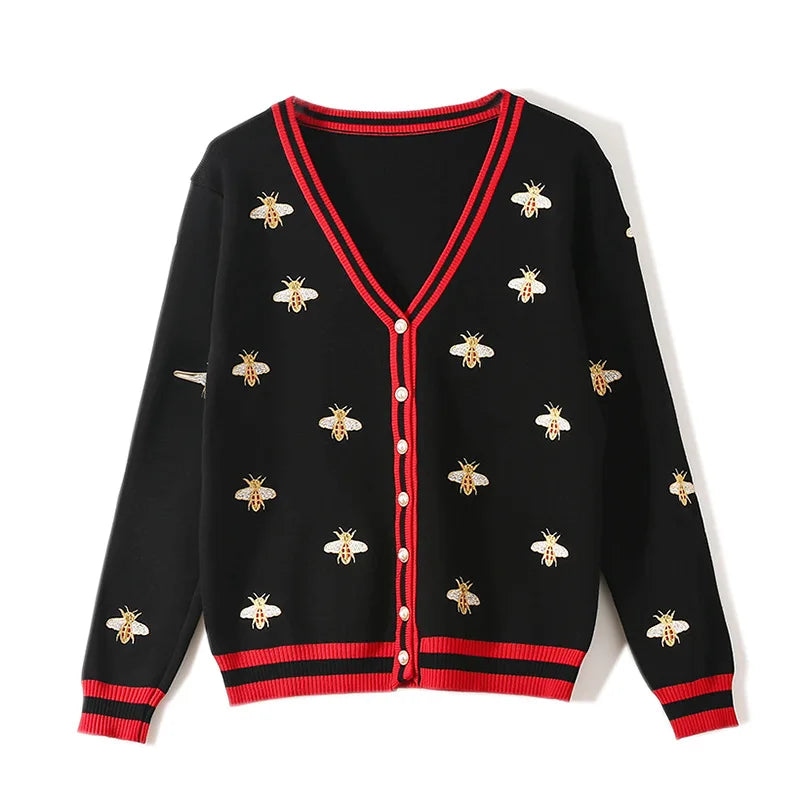 High Quality Fashion Designer Bee Embroidery Cardigan Long Sleeve Single Breasted Contrast Color Button Knitted Sweater