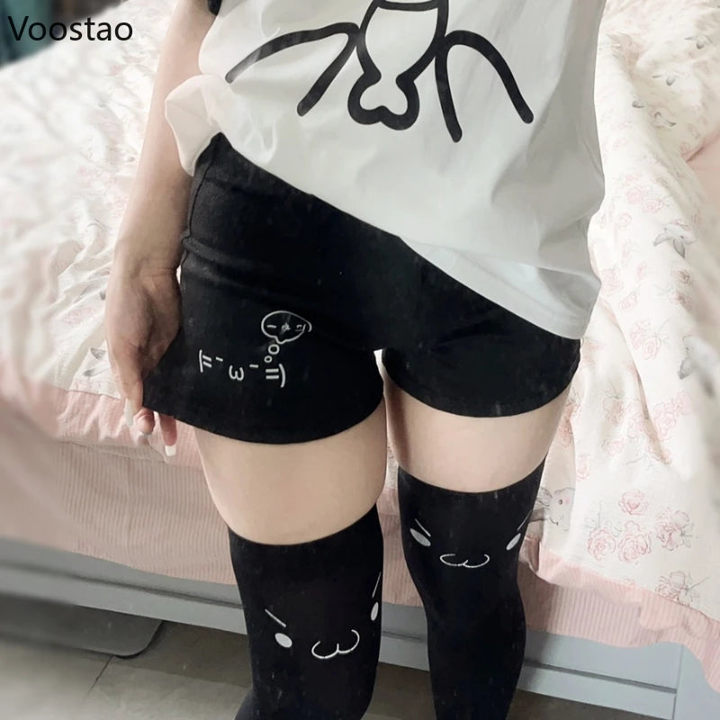 Japanese Harajuku Cotton Shorts Women Black Casual Short Pants Cute Print Korean Style Kawaii Fashion Y2K Summer