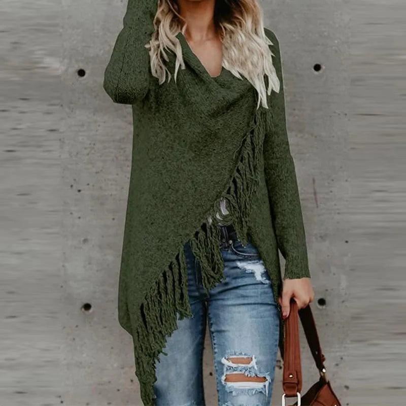 Women's Warm Knitted Sweater, Winter Cardigan Long Sleeve Tassel Fringe Shawl Poncho Oversized Cardigan