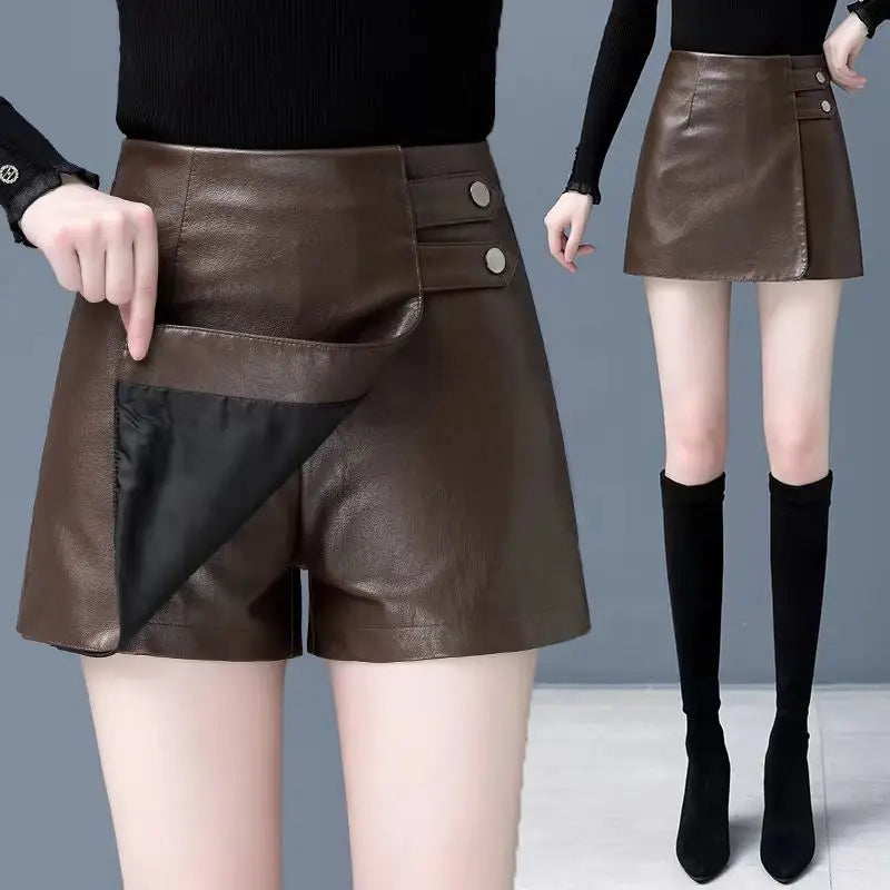 Fashion All-match Solid Color Shorts Patchwork Skirt Women's Clothing Autumn Casual Commute High Waist Leather Skirts for Female