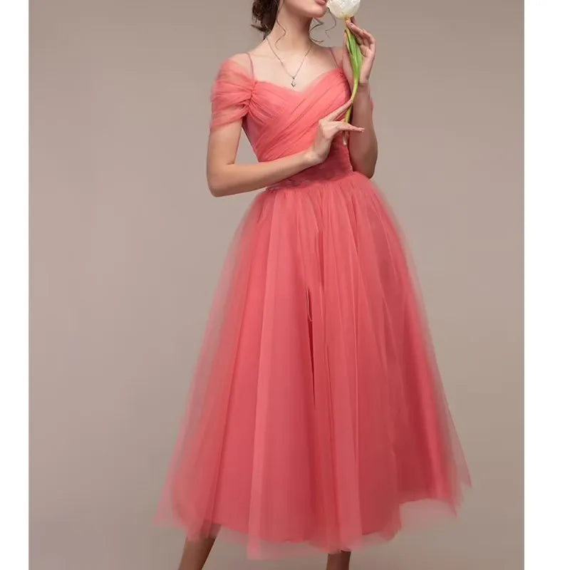 Women's Romantic Off Shoulder Ceremony Dresses Elegant Long Party Wedding Cocktail Bridesmaid Mesh Tulle Midi Wrap Gala Dress