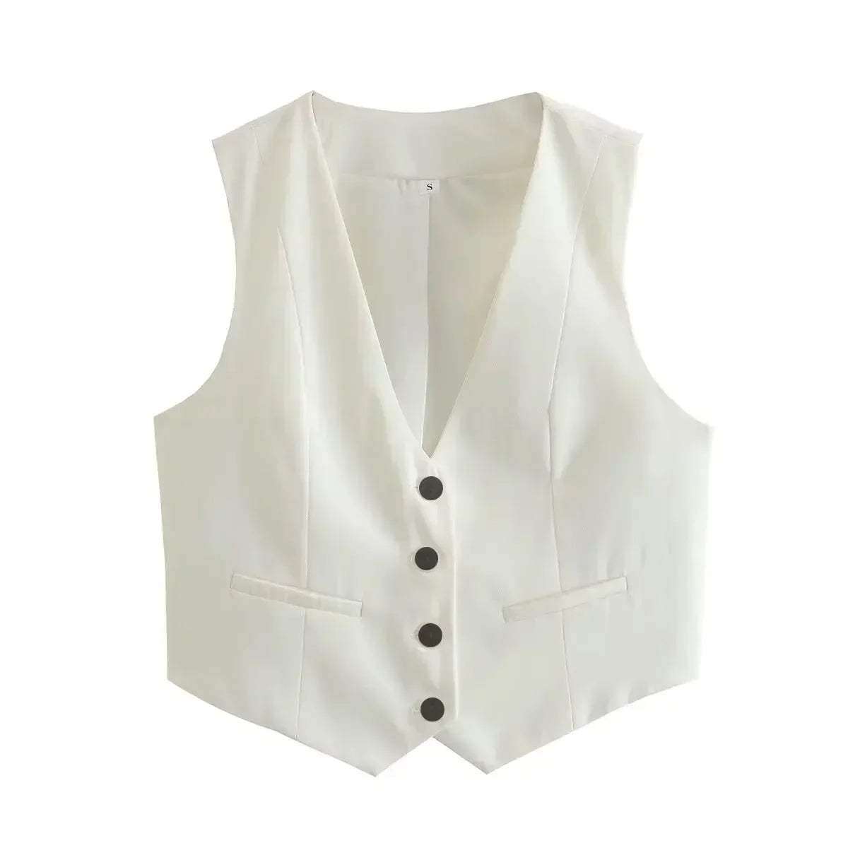 Cropped Vest Women Waistcoat Fashion Buttons Tops Vintage V Neck Sleeveless Coats Outerwear White Black Chic Jacket