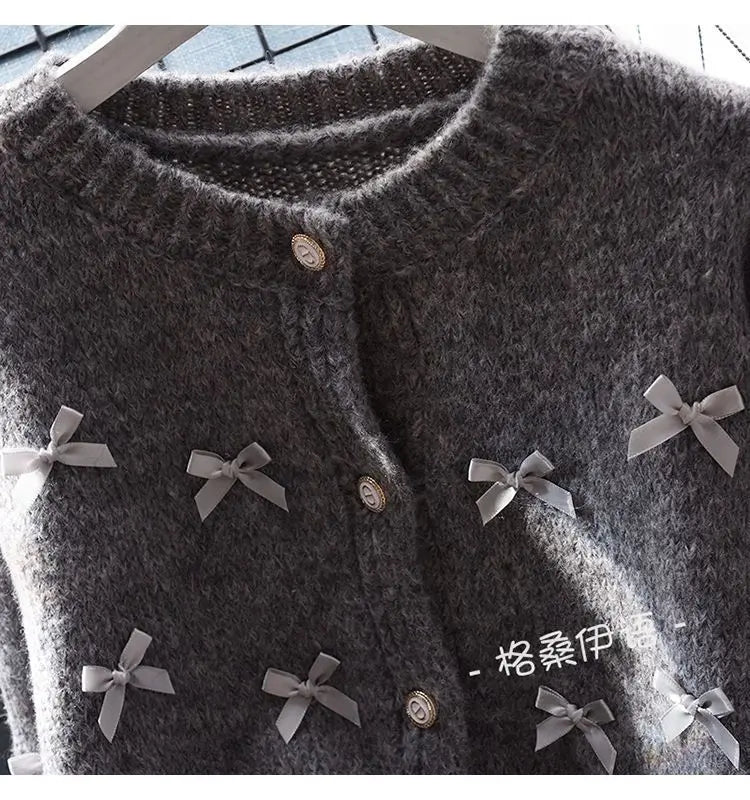 Autumn New Style Small Fragrant Style Short Sweater Jacket Women Loose Lazy Style Japanese Bow Tie Outer Layer Knitted Cardigan