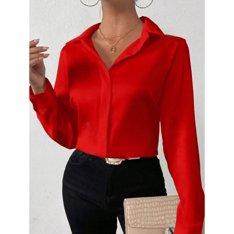 Women's Long Sleeve Silk-like Shirt European American Style Cross-border Clothing High-quality Fashionable Ladies Blouse