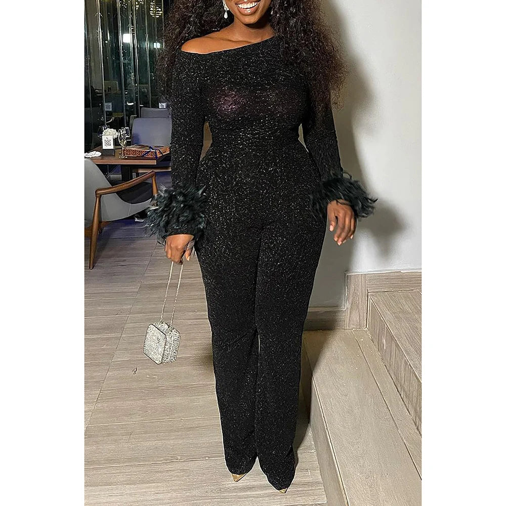 Plus Size Party Jumpsuit Black Glitter Long Sleeves Feathers Sequin Jumpsuit