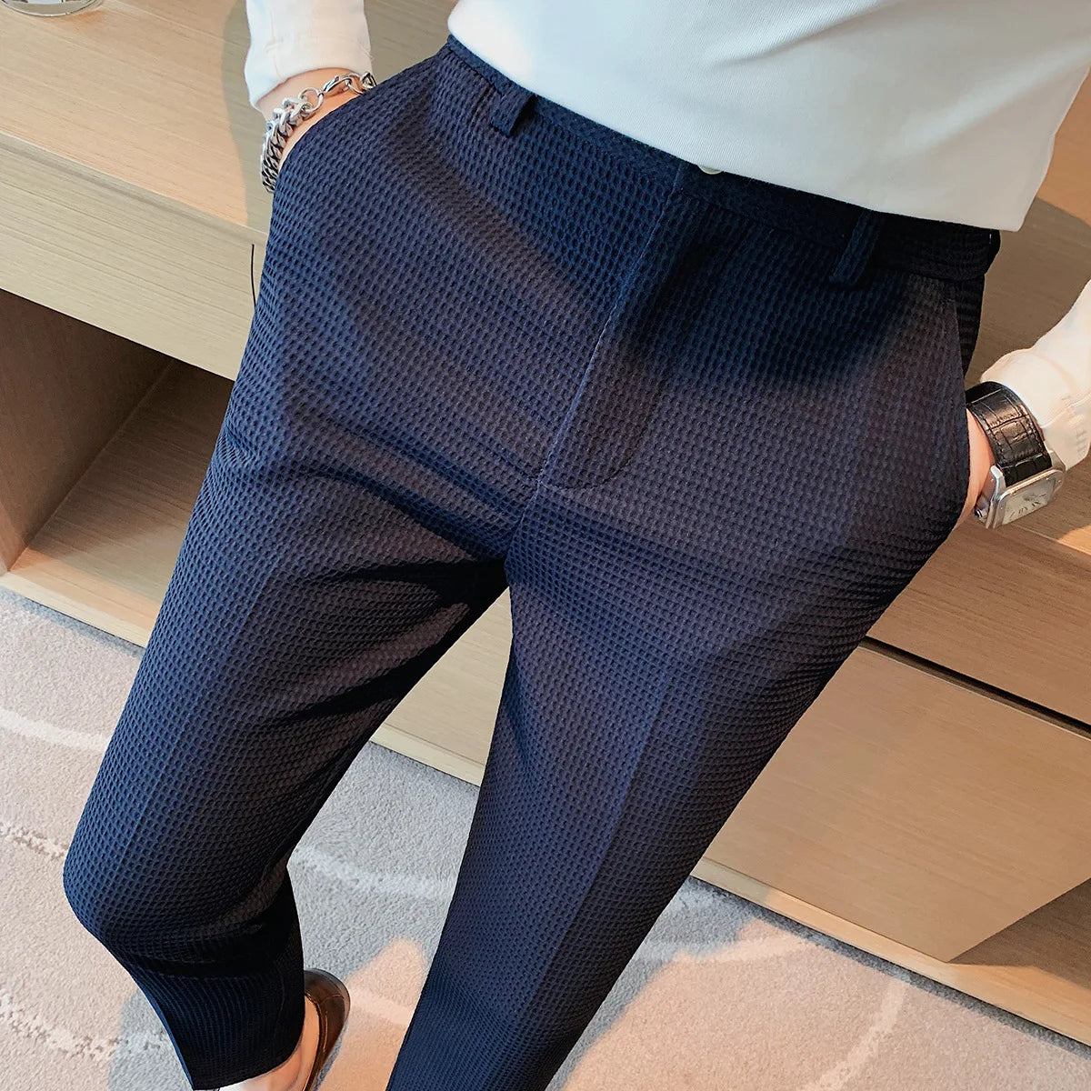 Korean Spring New Pantalones High Waist Waffle Business Casual Suit Pants for Men Clothing Slim Fit Formal Wear Trousers Y2k