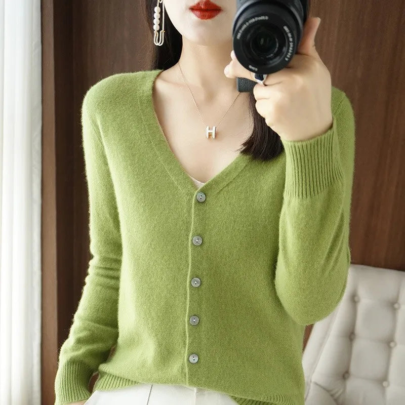 JIAYAN 2025 Spring New Cardigans Women's Clothing Korean Version Tops Solid Color Fashion V-neck Knitted Sweater