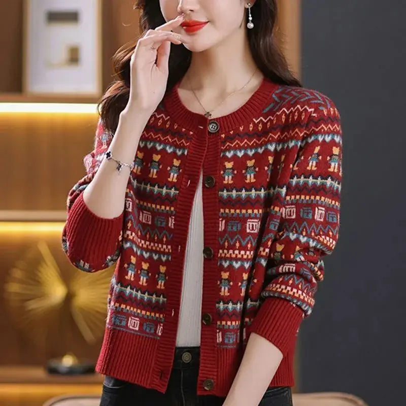 Women Vintage Stylish Jacquard Elegant Single Breasted Cardigan Korean Casual O Neck Long Sleeve Loose Chic Knitted Sweater Coat