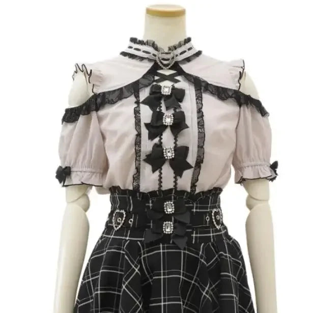 Japanese Lolita Kawaii Blouse Hollow Out Off Shoulder Lace Patchwork Shirts Y2k Aesthetic Bow Women All Match JK Blusas De Mujer