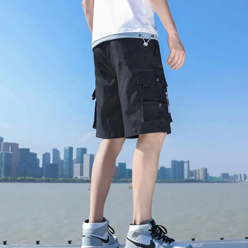 Summer Solid Color Multiple Pockets Zip Fastener Men's Cargo Shorts New Loose Street Casual Straight Cylinder Tide Male Short