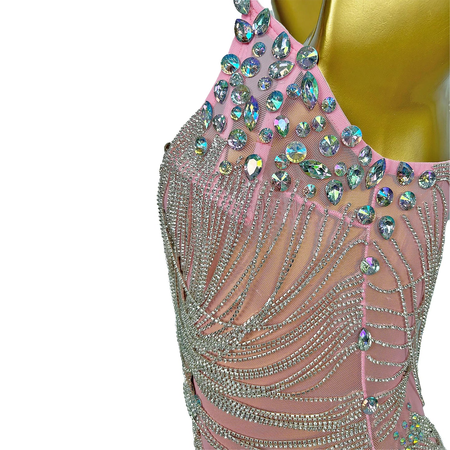 Sexy Diamonds Prom Gowns Crystals Chains Pink Dress Evening Nightclub Sexy Stretch Costume Female Singer Performance Luoli