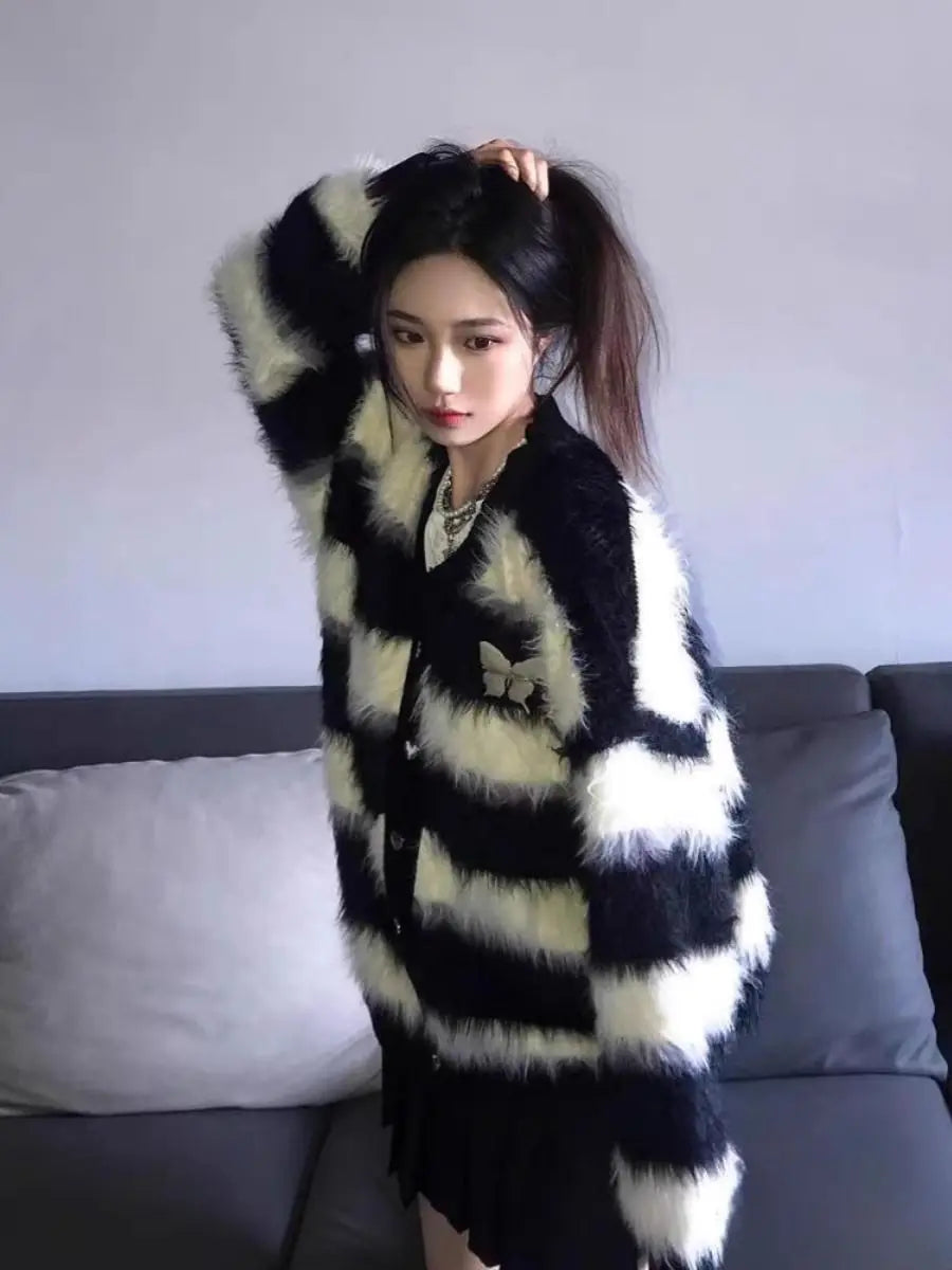 Mink Fleece Cardigan Sweater Jacket for Women with a Black and White Striped Soft and Lazy Knit Top