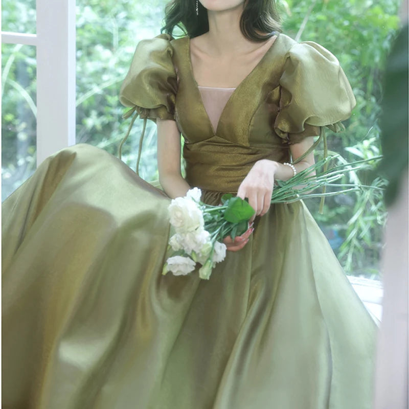 Summer Banquet Evening Dress Skirt Female Green Black Puff Sleeve Waist Elegant French Court Style Long Dress New Style