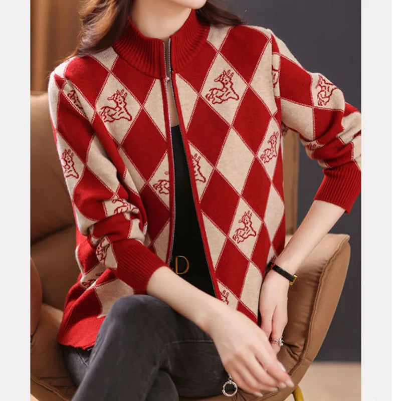 Women's Korean Vintage Plaid Sweaters Cardigan Autumn Winter Casual All-match Stand Collar Zipper Knitted Tops Female Clothing