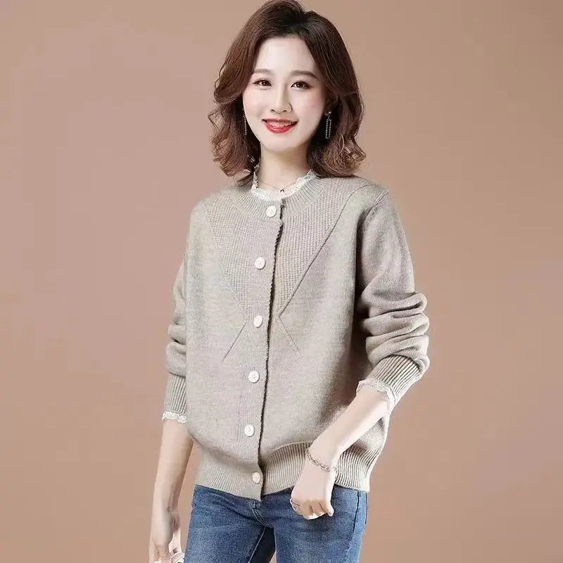 New Round Neck Lace Border Outer Knitted Sweater Loose Jacket Women's Top Cardigan Women