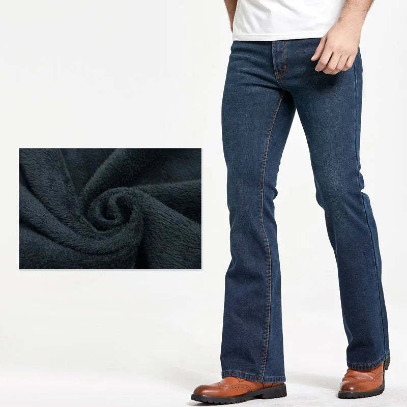 Mens Winter Stretch Denim Jeans Thicken Warm Pants Slim Slightly Flare Trousers Boot Cut Fit Polar Fleece Jeans