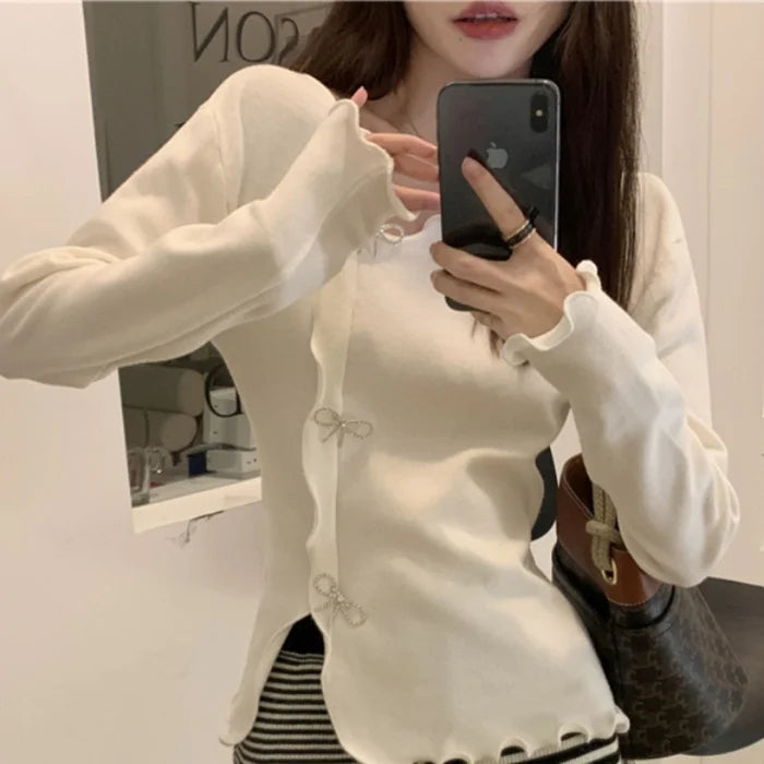 Hot Selling Women's Sweater Black Side Split Fungus Edge Bow Outcoat Knitted Cardigan Pullovers Long Sleeves Women's Clothing