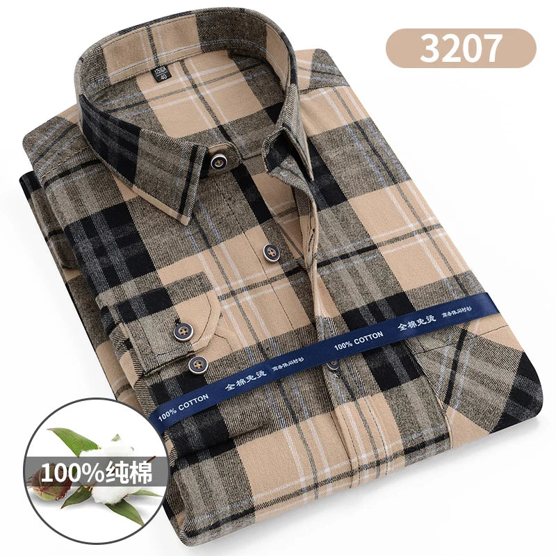 Size 11XL 10XL 9XL Fashion Flannel Plaid Shirts For Men‘s Long Sleeve Cotton Casual Blouse Soft Standard-Fit Shirt Male Clothing