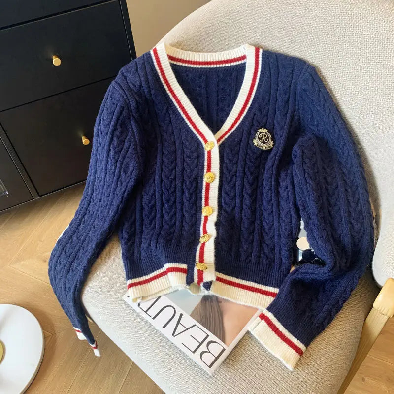 College Style V-neck Sweater Cardigan Women's Spring Autumn Retro Soft Waxy Lazy Style Short Fried Dough Twists Knitting Coat