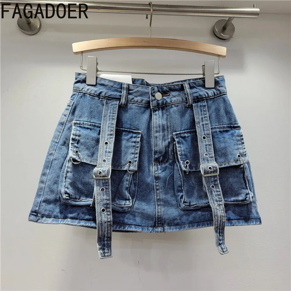 FAGADOER Pink Retro Denim 2 Piece Sets Outfit Women Cargo Big Pockets Jacket + Mini Skirt Matching Set Y2k Clothing Streetwear