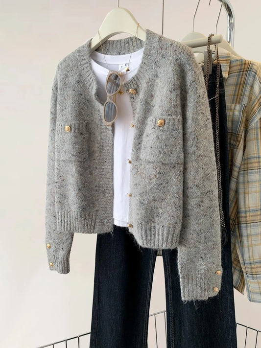 Gold Buttons Gray Women Knit Cardigan Simple O-Neck Long Sleeve Sweater Coat Autumn Spring Office Lady Elegant Knitwear