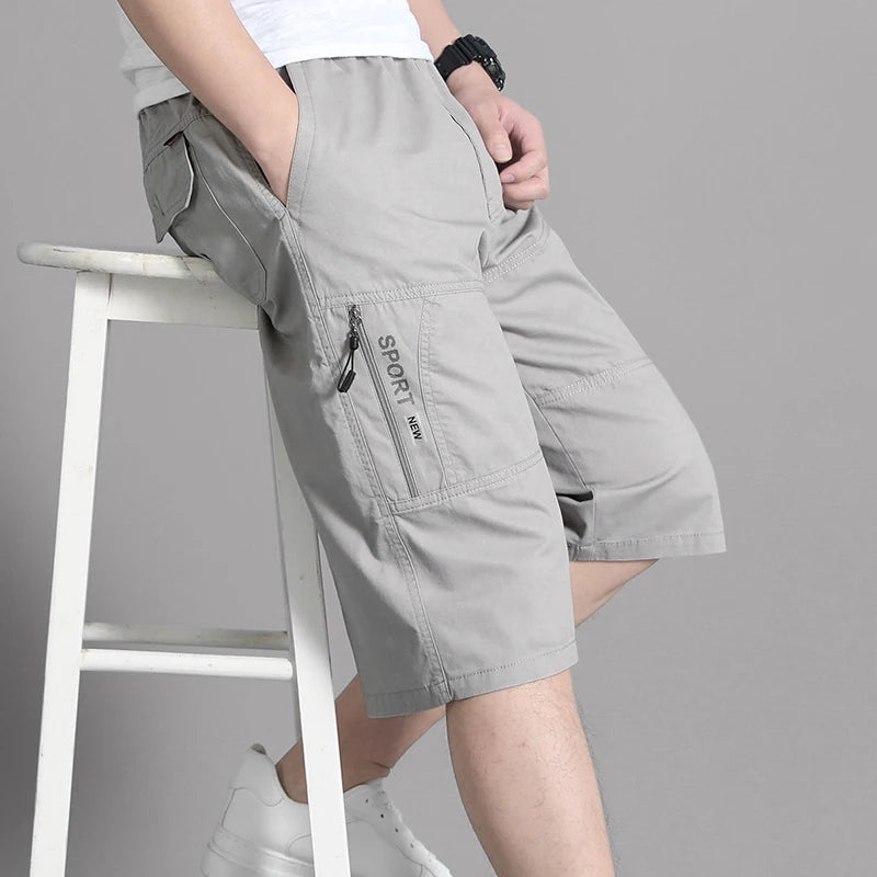 Mens Cotton Cargo Shorts Below Knee Lenth Summer Elastic Waist Sweatpants Hiking Running Bermuda Shorts Gym Below Knee Shorts