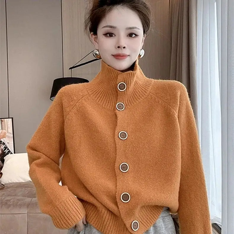 Korean Fashion Autumn Sweaters Coats Women Turtleneck Single Breasted Lazy Wind Casual Loose Long Sleeve Cardigan Knitted Tops