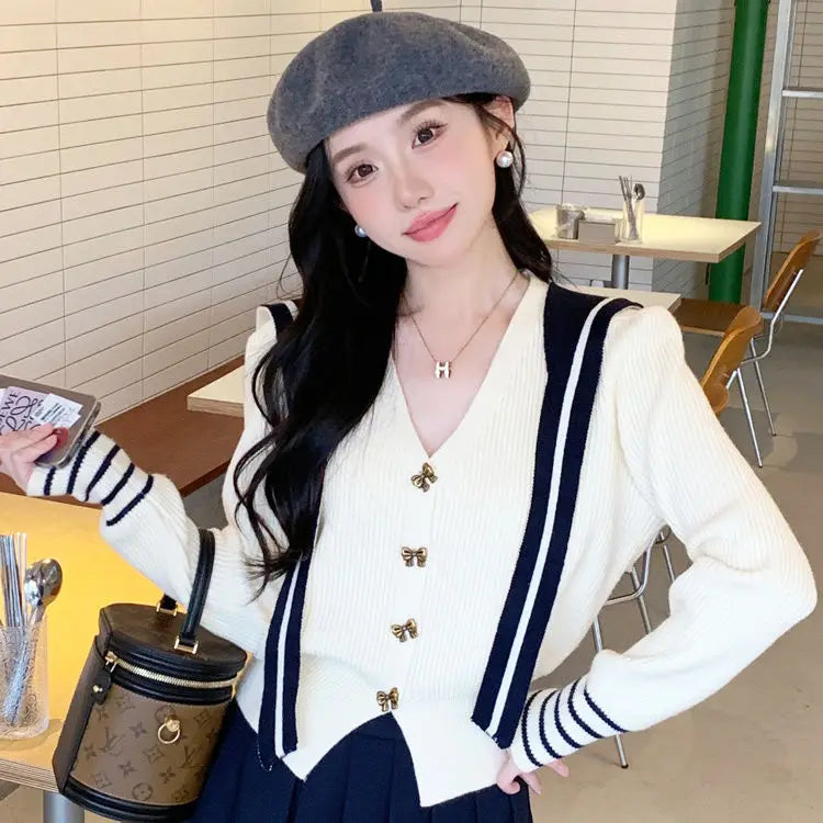 Spring Autumn New V-neck Long Sleeve Fashion Sweater Women High Street Casual Button Patchwork Cardigan Vintage All-match Tops