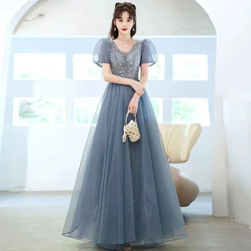 Puff Sleeve Long Prom Evening Dress for Women Mesh Party Formal Host Princess Evening Dresses Woman Elegant Glitter Party Gown