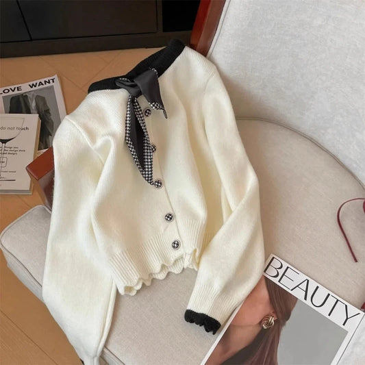 Spring Autumn New Round Neck Long Sleeve Fashion Sweater Women High Street Contrast Color Button Patchwork Bow Ruffles Cardigan