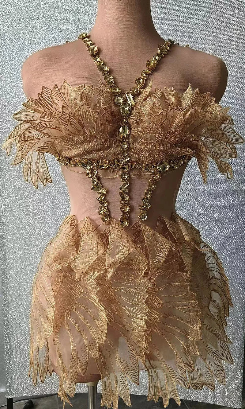 Golden Shinny Crystal Cicada Wings Dress Birthday Party Dresses Women Stage Performance Costumes Carnival performance costume