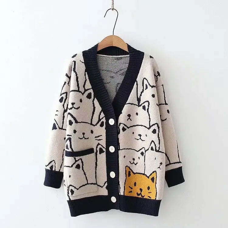 Merry Pretty Cartoon Cat knitted cardigans Jumper Autumn Winter Womens Harajuku Sweater coat O-Neck Long Sleeve cardigan 2024