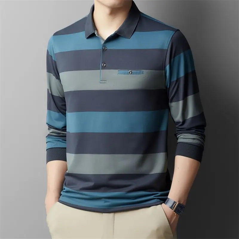 Fashion Male Clothes Polo-Neck Striped Shirt 2023 Spring Autumn New Button Spliced Casual All-match Long Sleeve T-shirt for Men