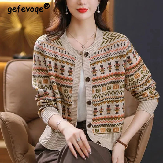 Women Vintage Stylish Jacquard Elegant Single Breasted Cardigan Korean Casual O Neck Long Sleeve Loose Chic Knitted Sweater Coat