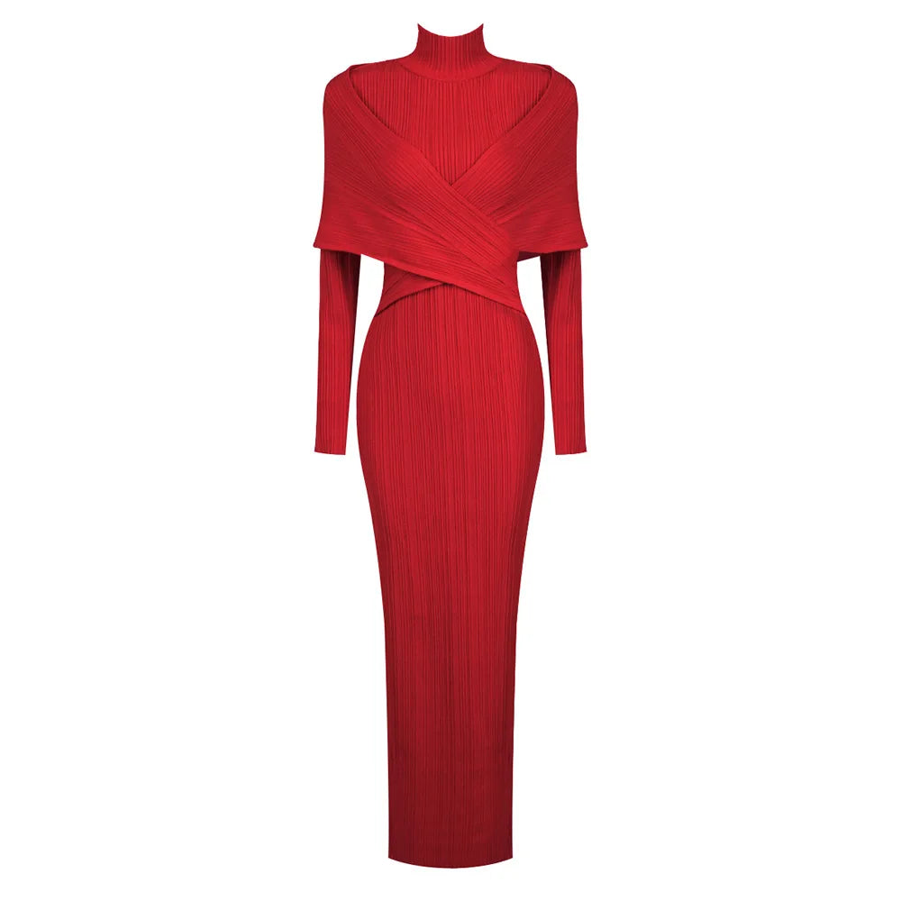 Women's Party Dresses Luxury 2024 Winter New Red Bandage Long Dress Turtle Neck Cross Design Knitted Slim Fit Evening Gown