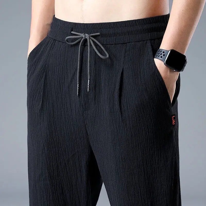 Men's Ice Silk Linen Sports Pants Casual Loose Summer Sweatpants Drawstring Spring Autumn Lightweight Harem Pants