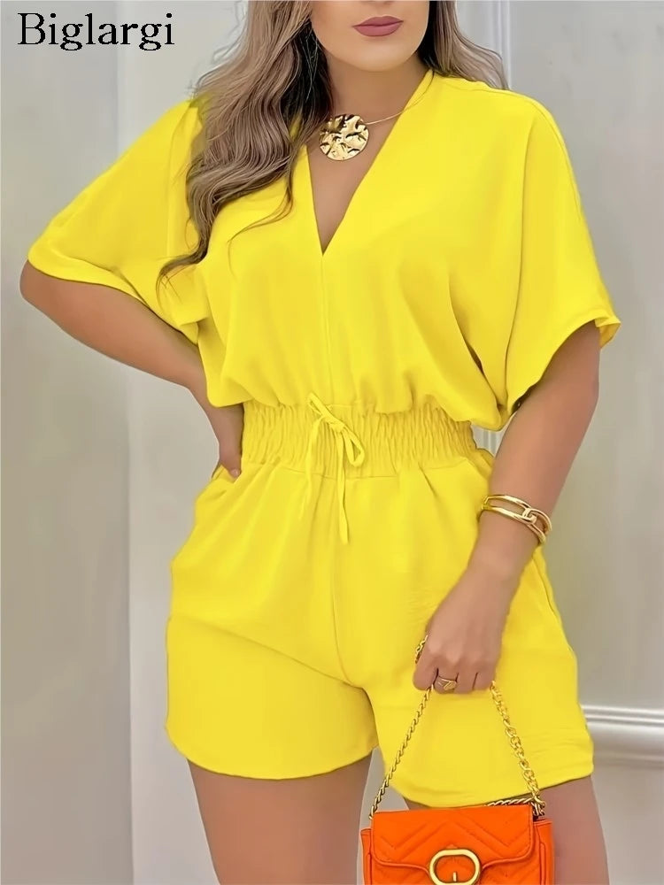 Plus Size Summer V-Neck Jumpsuit Short Women Fashion Slim Elastic High Waist Ladies Jumpsuits Loose Woman Mini Jumpsuit Short