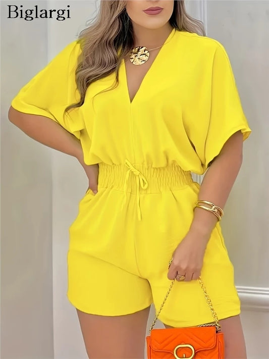 Plus Size Summer V-Neck Jumpsuit Short Women Fashion Slim Elastic High Waist Ladies Jumpsuits Loose Woman Mini Jumpsuit Short